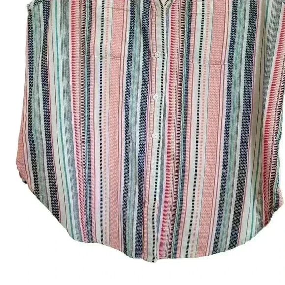 Max Studio Women's White/Pink/Navy/Aqua Striped Cotton Sleeveless Button Down To - Picture 3 of 11
